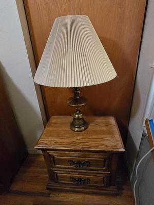 Two Drawer Lea Furniture end table with brass lamp