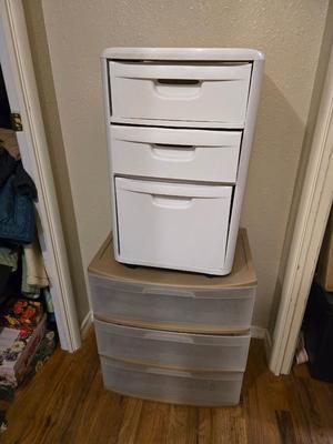 Two, three drawer plastic storage units