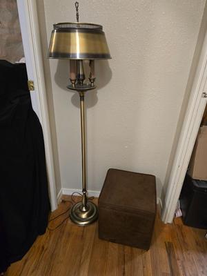 Tole brass gold toned floor lamp with metal shade - comes with a footstool with storage