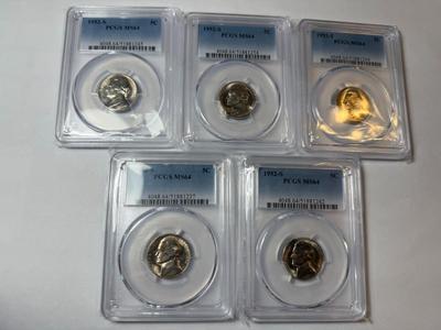 (5) PCGS CERTIFIED 1952-S MS64 CHOICE CONDITION JEFFERSON NICKEL LOT AS PICTURED.