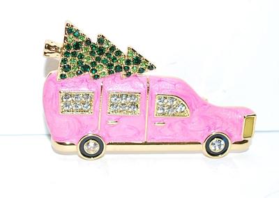 Popular PINK CAR BROOCH (2" x 1¼") Marked "TALBOTS" with BEJEWELED Tree, Windows and Tires on a Gold Tone Setting