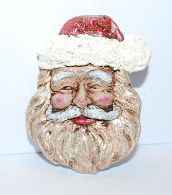 Handcrafted SANTA FACE BROOCH (2¾" x 2") with Puffy Cheeks & Glittery Beard on a Composite Setting