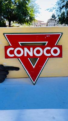 VINTAGE CONACO SIGN AND CAST IRON FINGER SIGNAGE