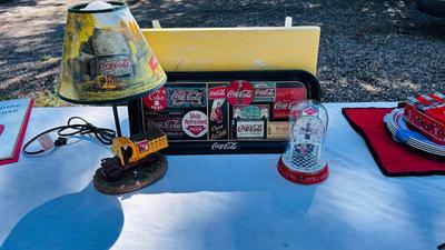 COCA-COLA LAMP, TRAY, AND ANNIVERSARY CLOCK