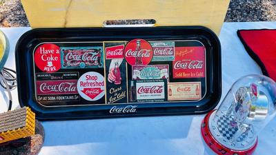 COCA-COLA LAMP, TRAY, AND ANNIVERSARY CLOCK