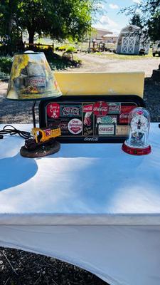 COCA-COLA LAMP, TRAY, AND ANNIVERSARY CLOCK