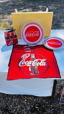 COCA-COLA PLACEMATS, PLASTIC PLATES, AND BOTTLE SHAPED TIN