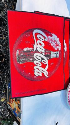 COCA-COLA PLACEMATS, PLASTIC PLATES, AND BOTTLE SHAPED TIN