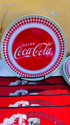 COCA-COLA PLACEMATS, PLASTIC PLATES, AND BOTTLE SHAPED TIN