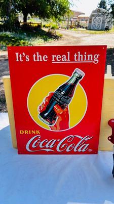 COCA-COLA CAST IRON BOTTLE SHAPED HANDLE AND TIN SIGN