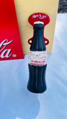 COCA-COLA CAST IRON BOTTLE SHAPED HANDLE AND TIN SIGN