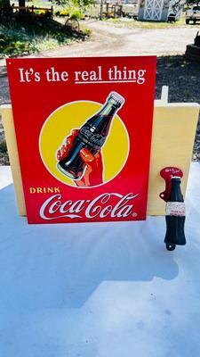 COCA-COLA CAST IRON BOTTLE SHAPED HANDLE AND TIN SIGN