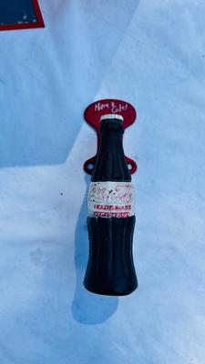 COCA-COLA CAST IRON BOTTLE SHAPED HANDLE AND TIN SIGN