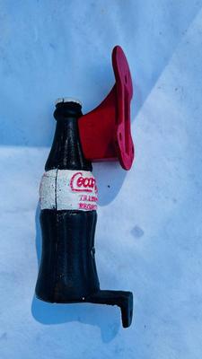 COCA-COLA CAST IRON BOTTLE SHAPED HANDLE AND TIN SIGN