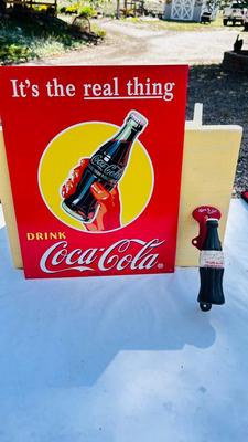 COCA-COLA CAST IRON BOTTLE SHAPED HANDLE AND TIN SIGN