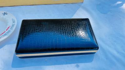 JEWELRY BOX PACKED WITH VINTAGE CUFFLINKS, 2 POCKET KNIVES AND A COORS ASHTRAY