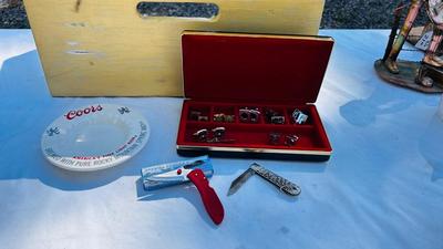 JEWELRY BOX PACKED WITH VINTAGE CUFFLINKS, 2 POCKET KNIVES AND A COORS ASHTRAY