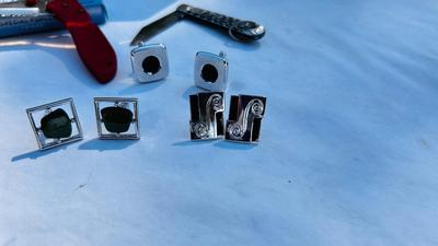 JEWELRY BOX PACKED WITH VINTAGE CUFFLINKS, 2 POCKET KNIVES AND A COORS ASHTRAY