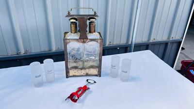 VINTAGE MUSIC BOX DECANTER SET AND SHOT GLASSES