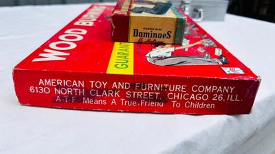 NEAT OLD CHILDREN'S WOOD BURNER SET, DOMINOS, AND A VARIETY GAME BOX