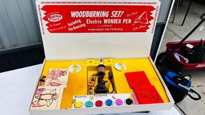 NEAT OLD CHILDREN'S WOOD BURNER SET, DOMINOS, AND A VARIETY GAME BOX