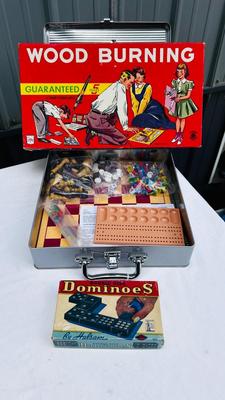 NEAT OLD CHILDREN'S WOOD BURNER SET, DOMINOS, AND A VARIETY GAME BOX