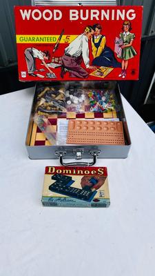 NEAT OLD CHILDREN'S WOOD BURNER SET, DOMINOS, AND A VARIETY GAME BOX