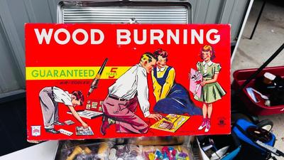 NEAT OLD CHILDREN'S WOOD BURNER SET, DOMINOS, AND A VARIETY GAME BOX