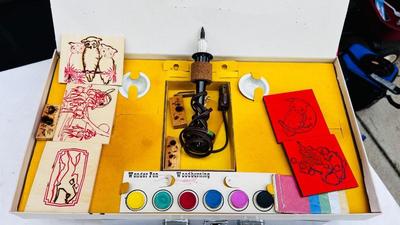 NEAT OLD CHILDREN'S WOOD BURNER SET, DOMINOS, AND A VARIETY GAME BOX