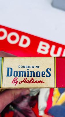 NEAT OLD CHILDREN'S WOOD BURNER SET, DOMINOS, AND A VARIETY GAME BOX
