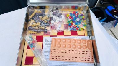 NEAT OLD CHILDREN'S WOOD BURNER SET, DOMINOS, AND A VARIETY GAME BOX