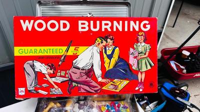 NEAT OLD CHILDREN'S WOOD BURNER SET, DOMINOS, AND A VARIETY GAME BOX