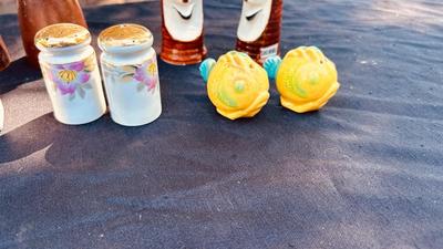 FISH, TREES, WOODEN, & HAND PAINTED SALT AND SHAKERS