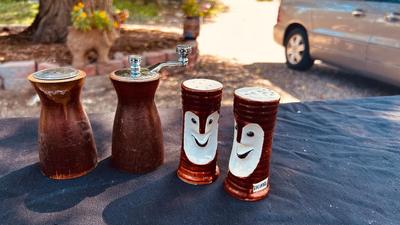 FISH, TREES, WOODEN, & HAND PAINTED SALT AND SHAKERS