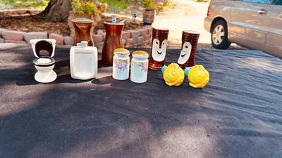 FISH, TREES, WOODEN, & HAND PAINTED SALT AND SHAKERS