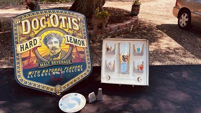 DOC OTIS HARD LEMON MALT BEVERAGE SIGN, PEWTER SALT AND PEPPER SHAKERS & FINE BLOWN GLASSWARE