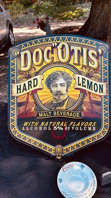 DOC OTIS HARD LEMON MALT BEVERAGE SIGN, PEWTER SALT AND PEPPER SHAKERS & FINE BLOWN GLASSWARE