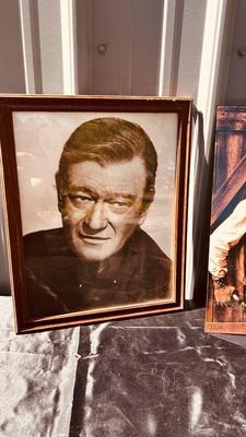 JOHN WAYNE FRAMED PHOTOGRAPHS AND TIN PHOTO SIGN