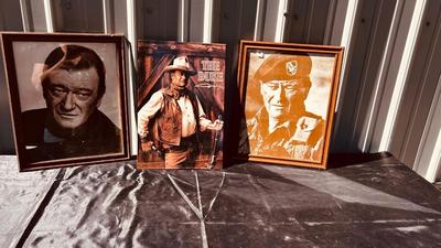 JOHN WAYNE FRAMED PHOTOGRAPHS AND TIN PHOTO SIGN