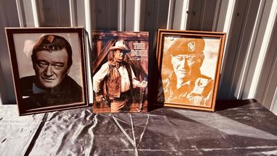 JOHN WAYNE FRAMED PHOTOGRAPHS AND TIN PHOTO SIGN