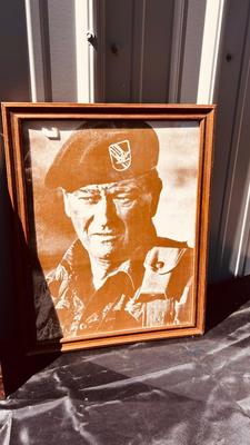 JOHN WAYNE FRAMED PHOTOGRAPHS AND TIN PHOTO SIGN