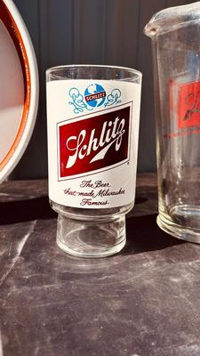 1955 SCHLITZ BEER TRAY, PITCHERS AND GLASS