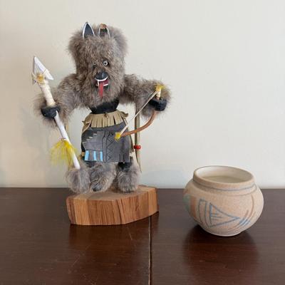 Navajo Sand Art Pottery and Frank Yazzie Kachina Sculpture (LR-BM)