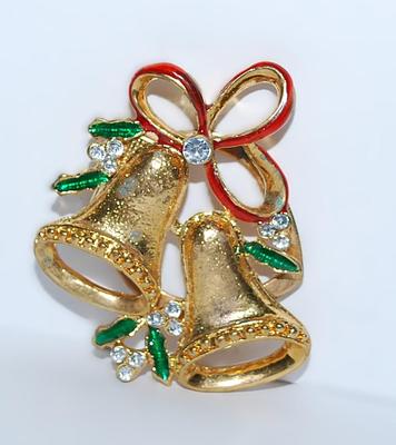 Beautiful Double BELLS LAPEL/SCARF BROOCH (1¾" x 1½") with Red & Green Highlights and 13 Clear Stones on a Gold Tone Setting