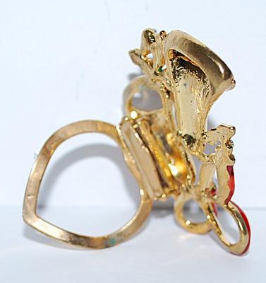 Beautiful Double BELLS LAPEL/SCARF BROOCH (1¾" x 1½") with Red & Green Highlights and 13 Clear Stones on a Gold Tone Setting