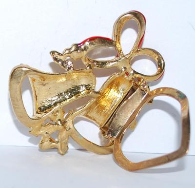 Beautiful Double BELLS LAPEL/SCARF BROOCH (1¾" x 1½") with Red & Green Highlights and 13 Clear Stones on a Gold Tone Setting