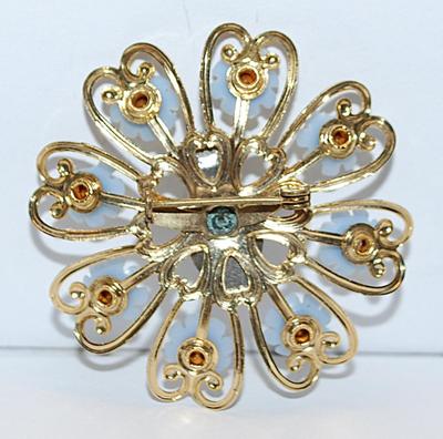 Beautiful "Statue of Mary" FLOWER BROOCH (1¾" Diam.) with Light Blue Circle of Flowers on a Gold Tone Setting