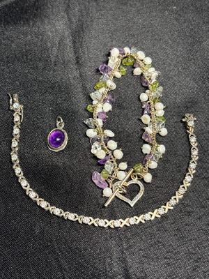 Pendant, stone bracelet, sterling bracelet