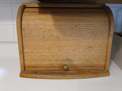 Nice wooden Bread box with center shelf, a new knife and a cutting board