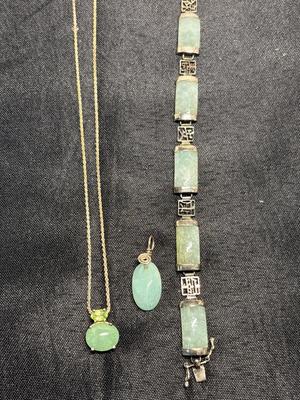 Vintage Jade & Sterling bracelet, sterling necklace & pendant, light green pendant